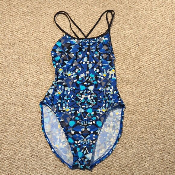 Nike Shattered Glass Swimsuit One Piece Womens 10 Blue Geometric Swimwear Pool - Picture 1 of 6